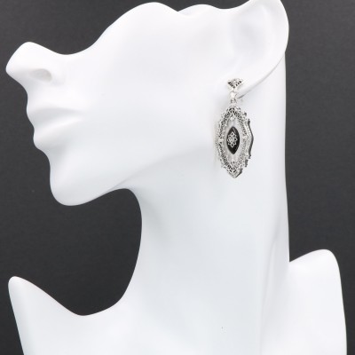 Sunray Camphor Glass and Jet Genuine Diamond Filigree Earrings Sterling Silver - FE-389-SRJ