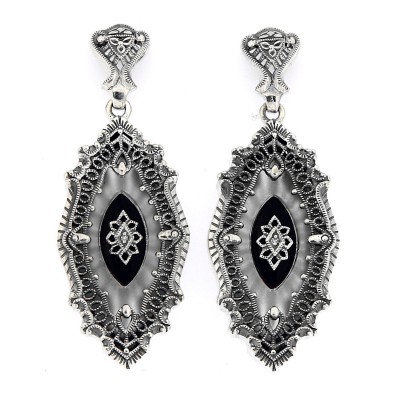Sunray Camphor Glass and Jet Genuine Diamond Filigree Earrings Sterling Silver - FE-389-SRJ