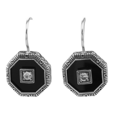 Unique Art Deco Black Onyx and White Topaz Filigree Earrings - Sterling Silver - FE-473-WT