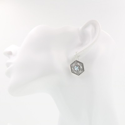 Art Deco Style Blue Topaz Filigree Earrings - Sterling Silver - FE-281-BT