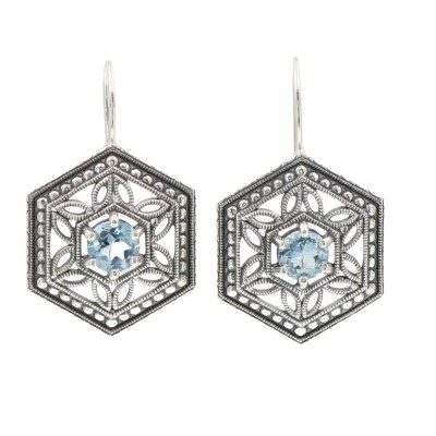 Art Deco Style Blue Topaz Filigree Earrings - Sterling Silver - FE-281-BT