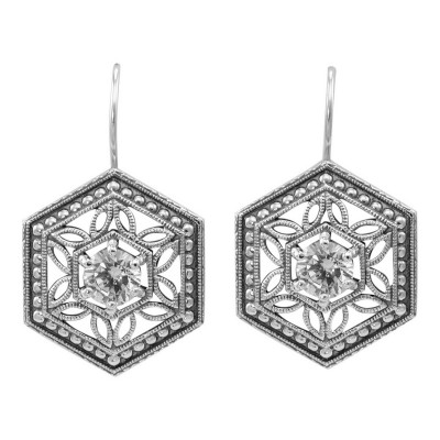 Art Deco Style Filigree Earrings w/ CZ - Sterling Silver - FE-281-CZ