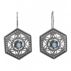 Art Deco Style London Blue Topaz Filigree Earrings - Sterling Silver