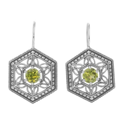 Art Deco Style Peridot Filigree Earrings - Sterling Silver - FE-281-P
