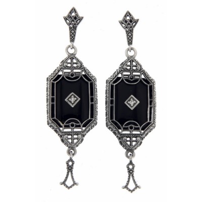 Art Deco Style Black Onyx Dangle Filigree Earrings with Diamond Sterling Silver - FE-582-O