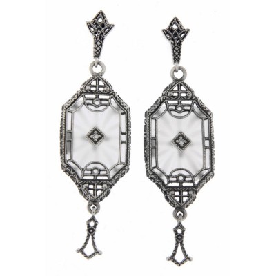 Art Deco Style Sunray Crystal Dangle Filigree Diamond Earrings Sterling Silver - FE-582-SR