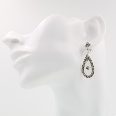 Sunray Crystal and Marcasite Filigree Earrings - Sterling Silver - FE-6211
