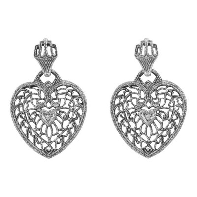 Victorian Style Diamond Filigree Heart Shaped Earrings - Sterling Silver - FE-94