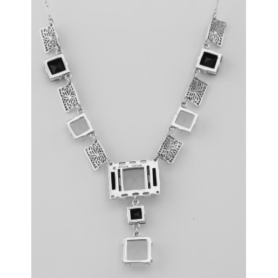 Art Deco Style Onyx and Quartz Crystal Necklace - Sterling Silver - FN-211-CR-O