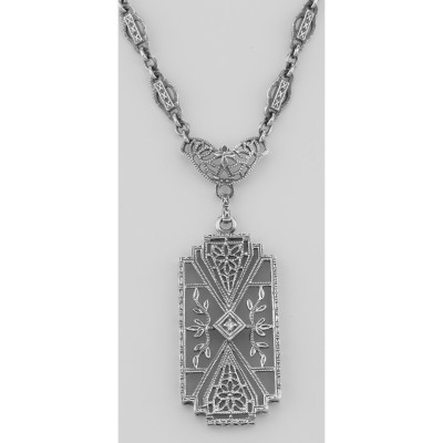 Art Deco Style Camphor Glass Filigree Diamond Necklace Sterling Silver - FN-157-CR