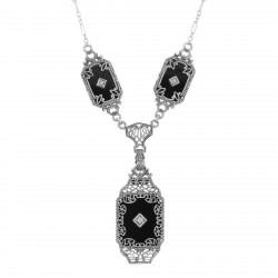Victorian Style Black Onyx Filigree Diamond Necklace in Fine Sterling Silver Victorian Style Black Onyx Filigree Diamond Necklace in Fine Sterling Silver