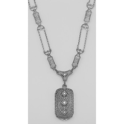 Victorian Style White Topaz Filigree Necklace with 18 Inch Chain Sterling Silver - FN-204-WT