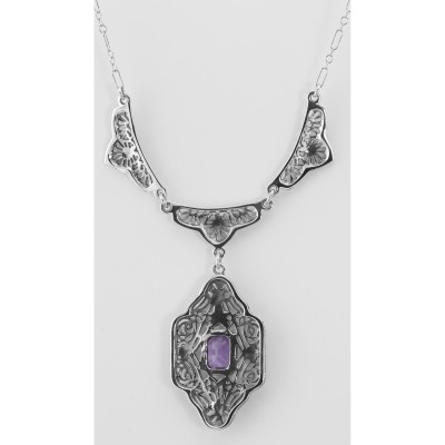 Victorian Style Floral Amethyst Filigree 19 Necklace - Sterling Silver - FN-215-AM