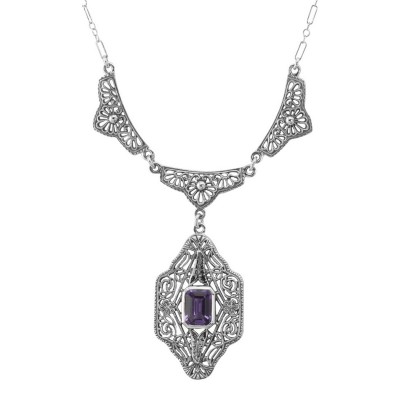 Victorian Style Floral Amethyst Filigree 19 Necklace - Sterling Silver - FN-215-AM