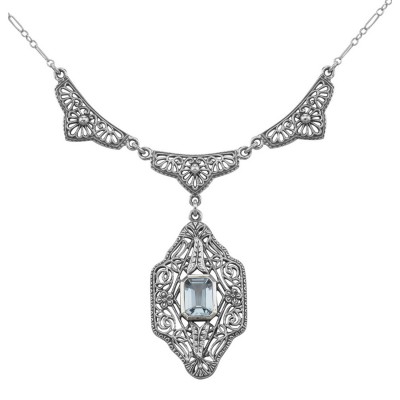 Unique Victorian Style Blue Topaz Filigree Necklace - Sterling Silver - FN-215-BT