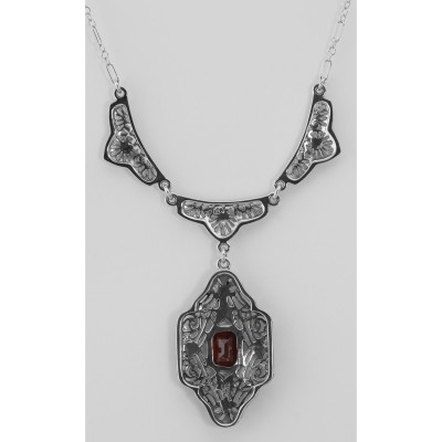 Classic Victorian Style Garnet Filigree Necklace w/ 19 Chain Sterling Silver - FN-215-G