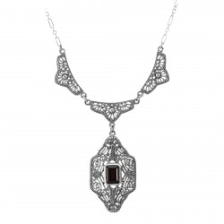 Classic Victorian Style Garnet Filigree Necklace w/ 19 Chain Sterling Silver Classic Victorian Style Garnet Filigree Necklace w/ 19 Chain Sterling Silver