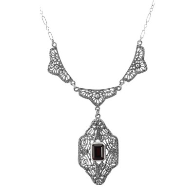 Classic Victorian Style Garnet Filigree Necklace w/ 19 Chain Sterling Silver - FN-215-G