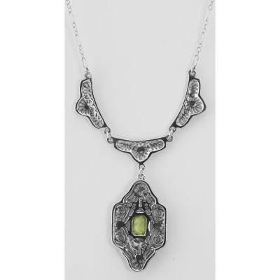 Beautiful Victorian Style Peridot Filigree Necklace 19 Chain - Sterling Silver - FN-215-P