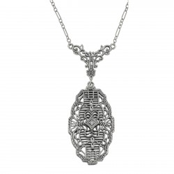 Victorian Style Cubic Zirconia Filigree Necklace with Chain - Sterling Silver Victorian Style Cubic Zirconia Filigree Necklace with Chain - Sterling Silver