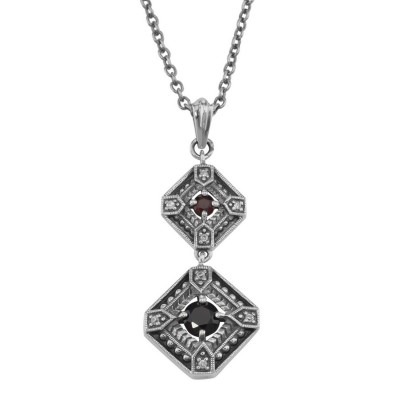 Art Deco Style Genuine Red Garnet and Filigree Necklace - Sterling Silver - FN-280-G