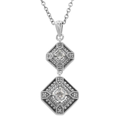 Art Deco White Topaz Filigree Necklace 18 Inch Chain Sterling Silver - FN-280-WT