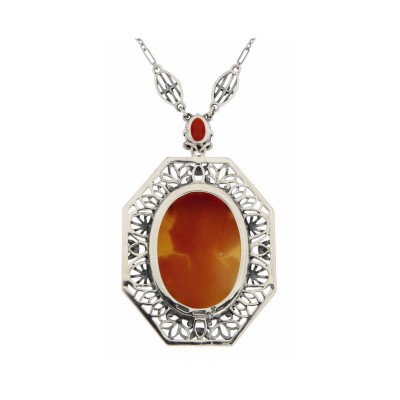 Hand Carved Italian Shell Cameo and Carnelian Filigree Necklace Sterling Silver - FN-346