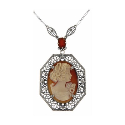 Hand Carved Italian Shell Cameo and Carnelian Filigree Necklace Sterling Silver - FN-346