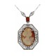 Hand Carved Italian Shell Cameo and Carnelian Filigree Necklace Sterling Silver - FN-346