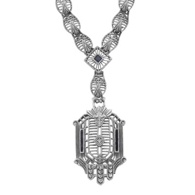 Victorian Style Diamond, Sapphire and Enamel Filigree Necklace Sterling Silver - FN-40-S