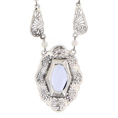 Victorian Style Synthetic Aquamarine and Pearl Filigree Necklace Sterling Silver - FN-41