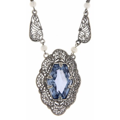 Victorian Style Synthetic Aquamarine and Pearl Filigree Necklace Sterling Silver - FN-41