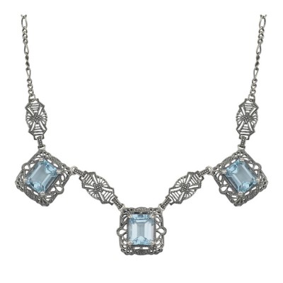 Art Deco Style 3 Gemstone Blue Topaz Filigree 17.5 Inch Necklace Sterling Silver - FN-45-BT