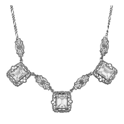 Art Deco Style 3 Gemstone White Topaz Filigree 17.5 In Necklace Sterling Silver - FN-45-WT
