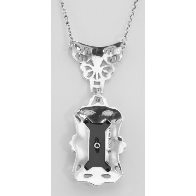 Victorian Style Black Onyx Filigree Diamond Necklace - Sterling Silver - FN-454-O