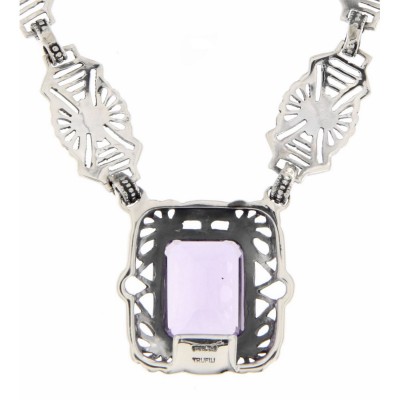 Art Deco Style Genuine Amethyst with 18 Inch Filigree Necklace Sterling Silver - FN-49-AM