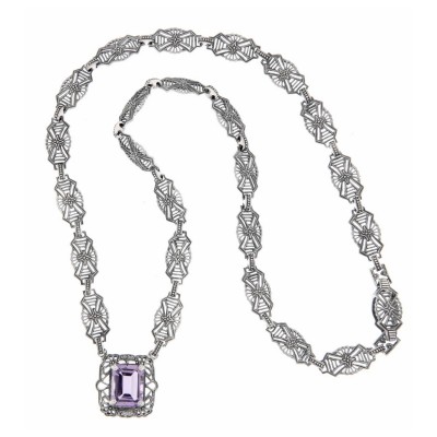 Art Deco Style Genuine Amethyst with 18 Inch Filigree Necklace Sterling Silver - FN-49-AM