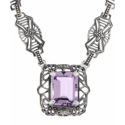 Art Deco Style Genuine Amethyst with 18 Inch Filigree Necklace Sterling Silver - FN-49-AM