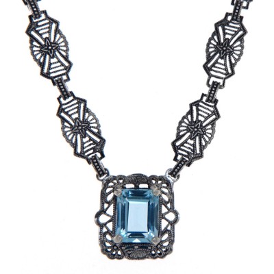 Art Deco Style Genuine Blue Topaz with 18 Inch Filigree Necklace Sterling Silver - FN-49-BT