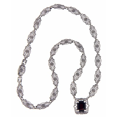 Art Deco Style Genuine Red Garnet with 18 Inch Filigree Necklace Sterling Silver - FN-49-G
