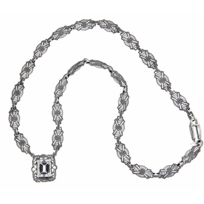 Art Deco Style Genuine White Topaz w/ 18 Inch Filigree Necklace Sterling Silver - FN-49-WT