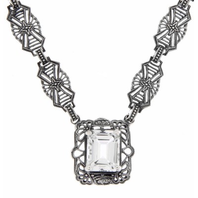 Art Deco Style Genuine White Topaz w/ 18 Inch Filigree Necklace Sterling Silver - FN-49-WT