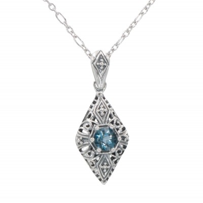 Art Deco Style London Blue Topaz Filigree Pendant with Chain - Sterling Silver - FP-110-LBT