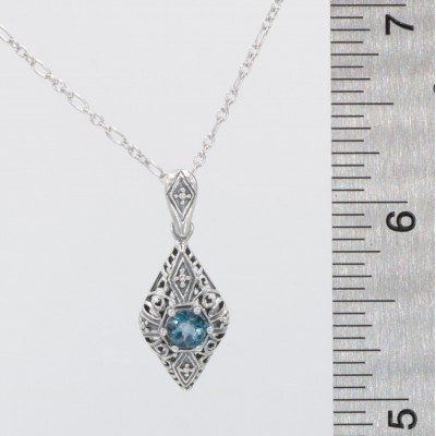 Art Deco Style London Blue Topaz Filigree Pendant with Chain - Sterling Silver - FP-110-LBT