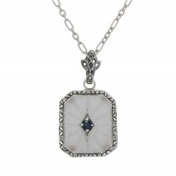 Antique Style Camphor Glass Pendant with Blue Sapphire Center Sterling Silver