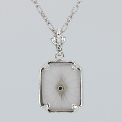 Antique Style Camphor Glass Pendant with Blue Sapphire Center Sterling Silver - FP-128-SR-S