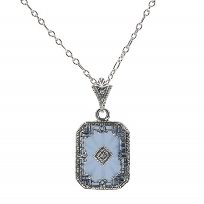 Art Deco Style Filigree Pendant Blue Pressed Glass Crystal Diamond Accents Sterling Silver - FP-371-BLUE