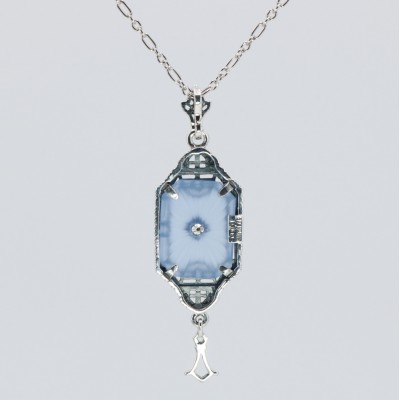 Art Deco Style Blue Sunray Crystal Dangle Filigree Pendant Diamond Accent Sterling Silver - FP-582-BLUE
