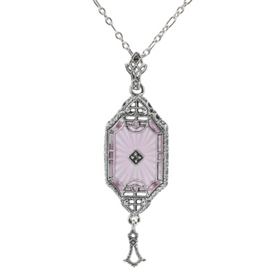 Art Deco Style Pink Sunray Crystal Dangle Filigree Pendant Diamond Accent Sterling Silver - FP-582-PINK
