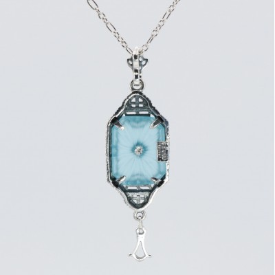Art Deco Style Teal Sunray Crystal Dangle Filigree Pendant Diamond Accent Sterling Silver - FP-582-TEAL